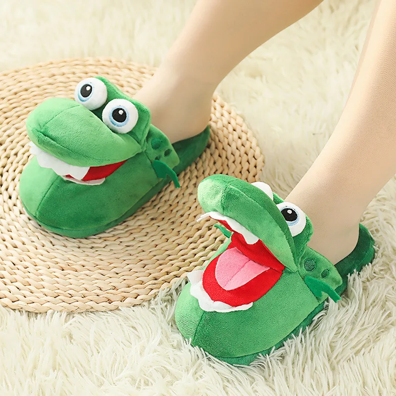 Men and Women Furry Cartoon Crocodile Slippers Boys Girls Funny Animals Home Slippers Moving Mouth Plush Winter Slides Comfy