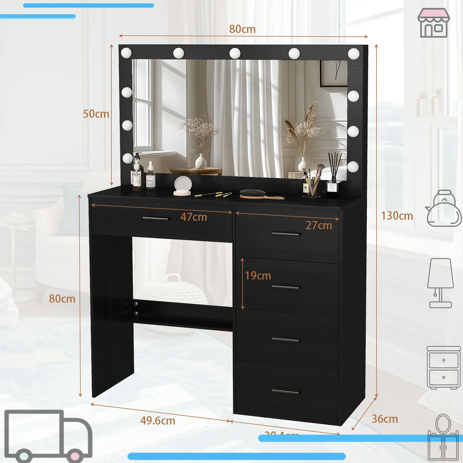 طاولة زينة سوداء مع أضواء LED ومرآة وطاولة مكياج وطاولة مكياج و5 أدراج #2