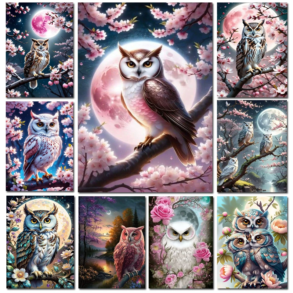 Yeni Varış Elmas Boyama Baykuş Hayvan Resim Rhinestones Ay Mozaik Kiraz çiçekleri Çiçek Nakış El Yapımı Hobi