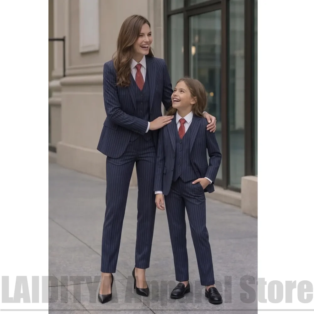 Girls Navy Pinstripe 3 Piece Suit Set Jacket Vest Pants Kids Formal Outfit Elegant Wedding Graduation Birthday Party Wear