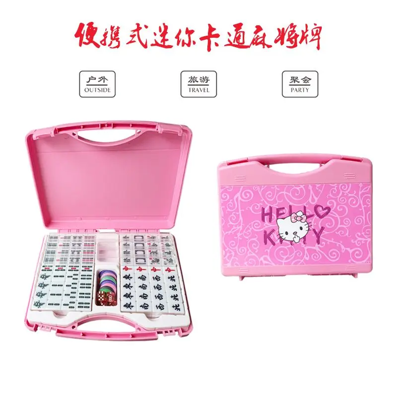 Cartoon Hello Kitty Mini Mahjong Entertainment Hello Kitty Small Portable Travel Dormitory Outdoor Pink Mahjong Card