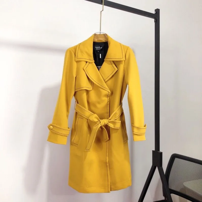 Women's Autumn New Suit Collar Button Topstitch Design Temperament High-end Mid-length Waist Strap Windbreaker