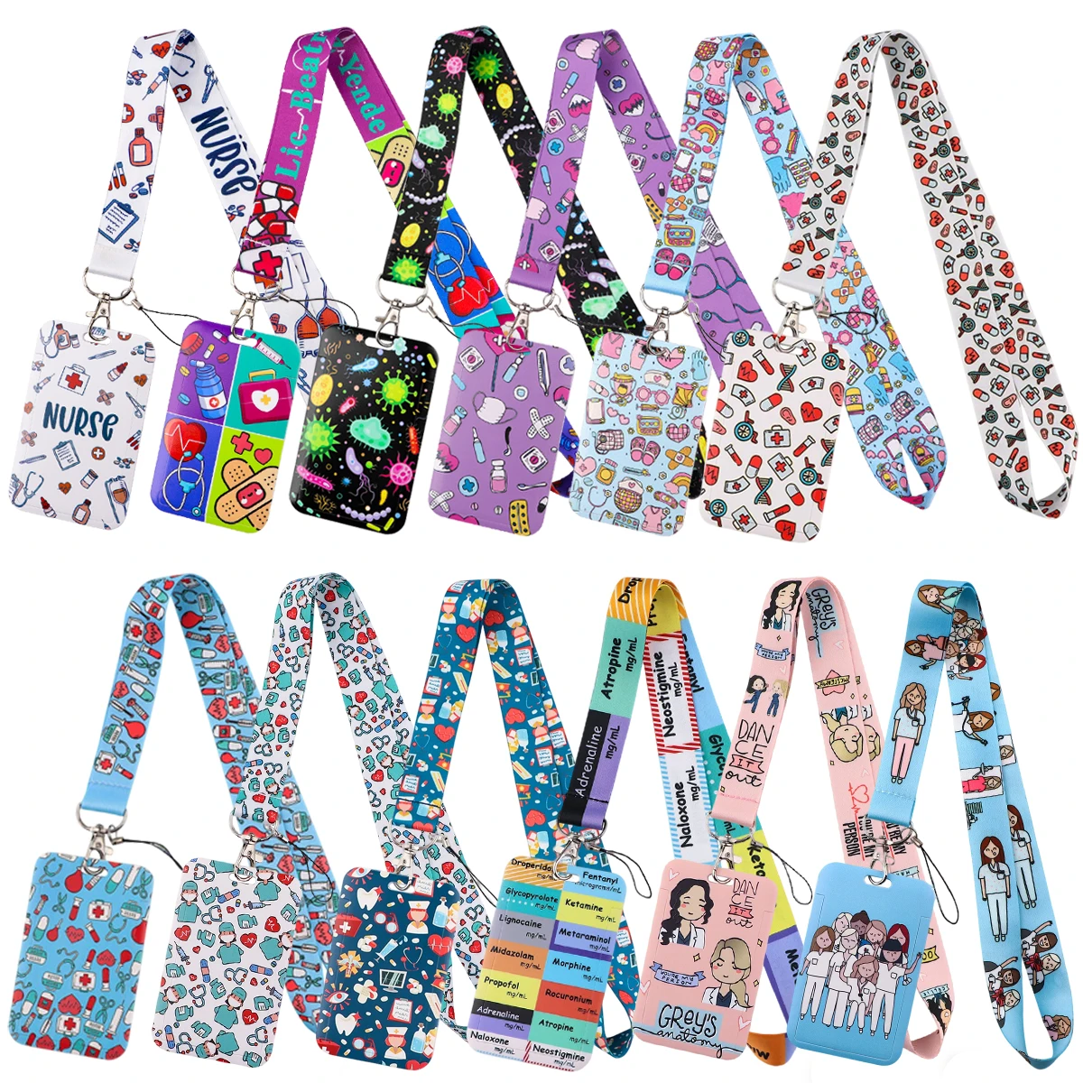 Medical Nurse Pattern Credential Holder Keychains Neck Lanyard For Pass Card Grey Anatomy Credit Card Holder Keychain Straps