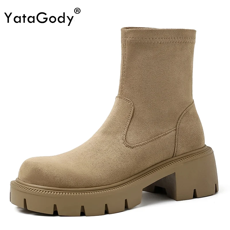 

YATAGODY Size 34-42 Women Ankle Chelsea Boots Suede Leather Thick High Heel Shoes Fall Winter 2024 Casual Platform Short Booties