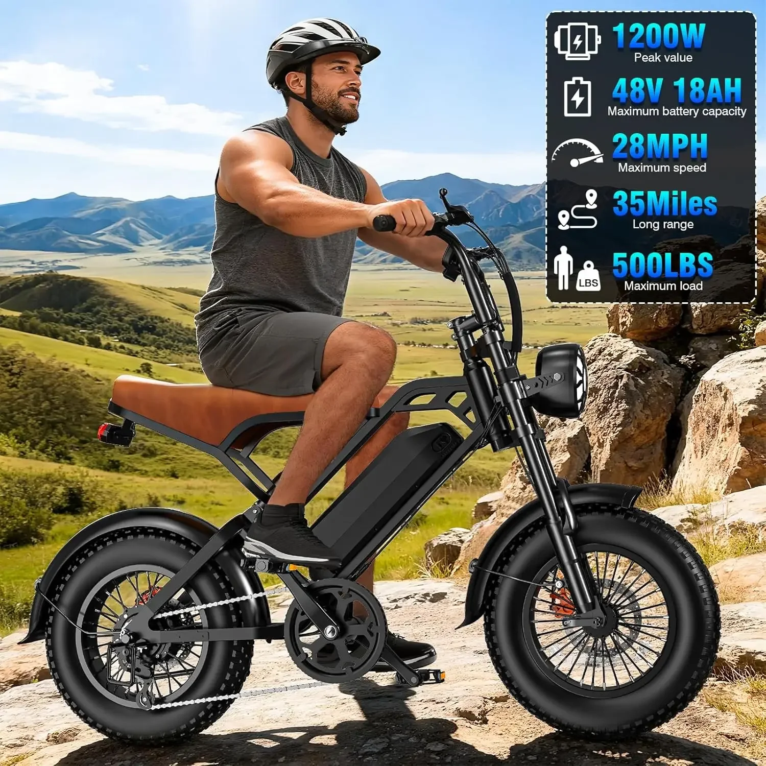 

1200W Peak Power Electric Bike for Adults: 28MPH, 16'' Fat Tire Ebike, 500LBS Load, 48V 18Ah Removable Battery, 35-Mile Range