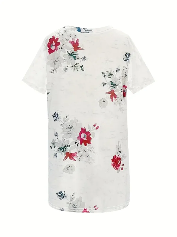 Plus Size Floral Print Mesh Stitching Dress Casual V Neck Short Sleeve Dress For Spring & Summer Odzież damska Plus Size