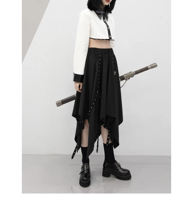 Irregular Skirt Girl's New Dark Tie Street Punk Wind Weave Buckle Medium-length Y2k Gothic Long Skirt