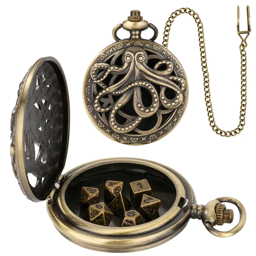 Retro Octopus Hollow Out Pocket Watch Case with Dices Bronze/Grey Black Pocket Chain Pendant Pocket Clock Case