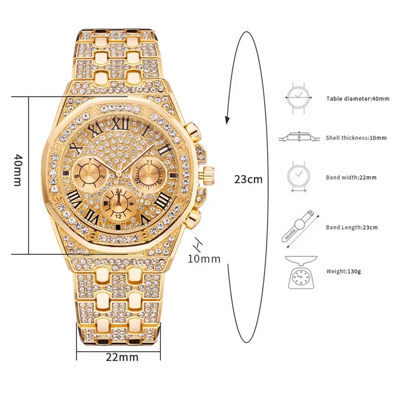 Men Luxury Diamond Watches  Gold Stainless Steel Quartz Wristwatches Fashionable Lady Noble QuartzClock Gift Relogio