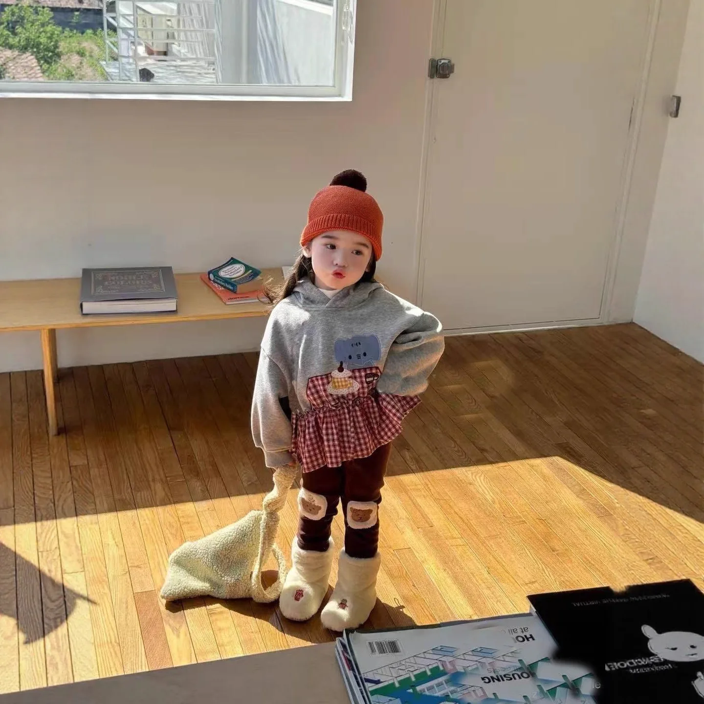 2025 New Girls Suit Autumn and Winter Kids Pullover Hooded Plaid Lace Plus Velvet Thickened Sweatshirt Leggings Boutique