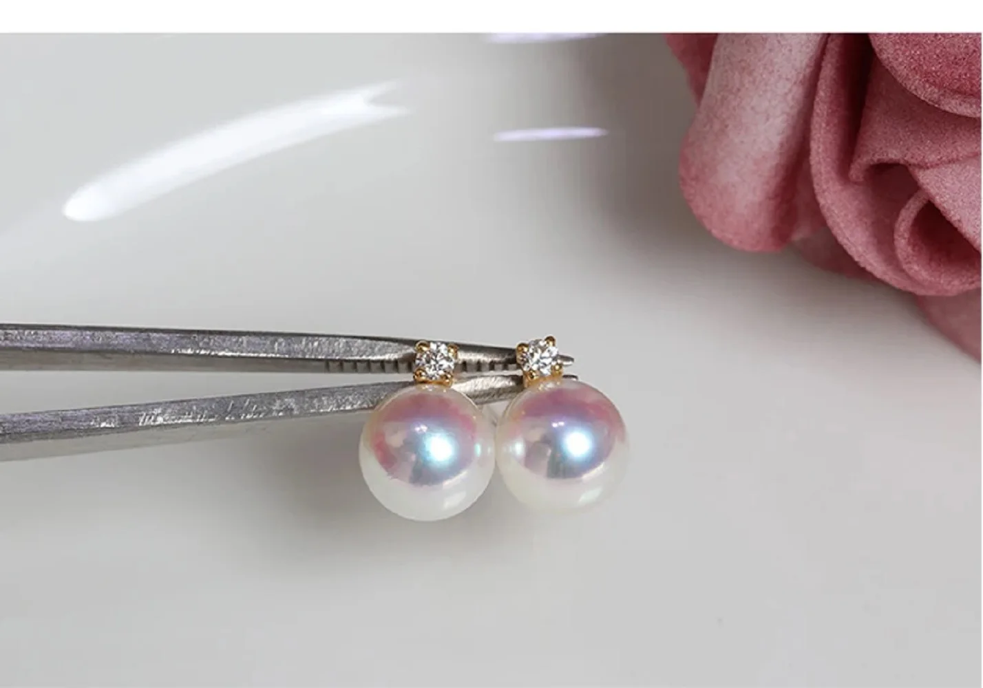 

18K/AU50 natural Akoya pearl women's earrings AAAA8-9mm 9-10mm Round Cherry Blossom Pink Pearl Earrings