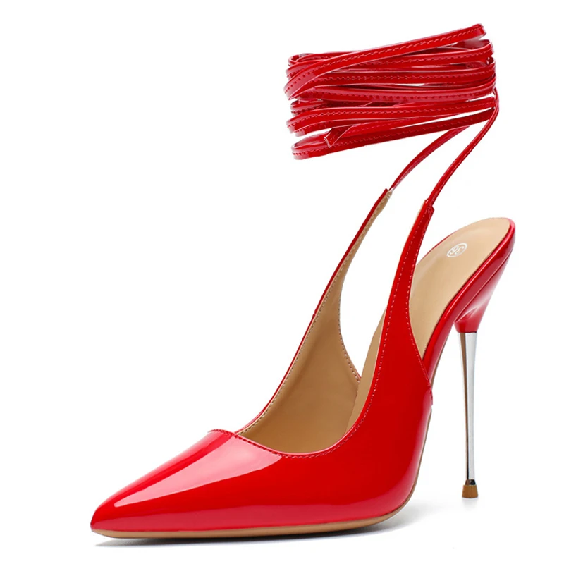 Liyke Big Size 44 45 46 Red Patent Leather Pumps Women Sexy Pointed Toe Fetish High Heels Fashion Cross Strap Party Dress Shoes