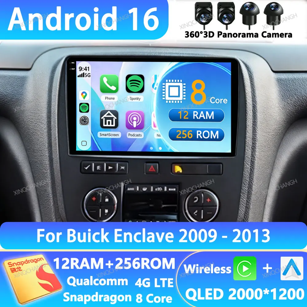 Radio para Auto con Android 16 para Buick Enclave 2009 2010 2011 2012 2013, Unidad Principal Qualcomm, Reproductor Multimedia de Video, 4G WIFI, GPS, QLED, 2DIN