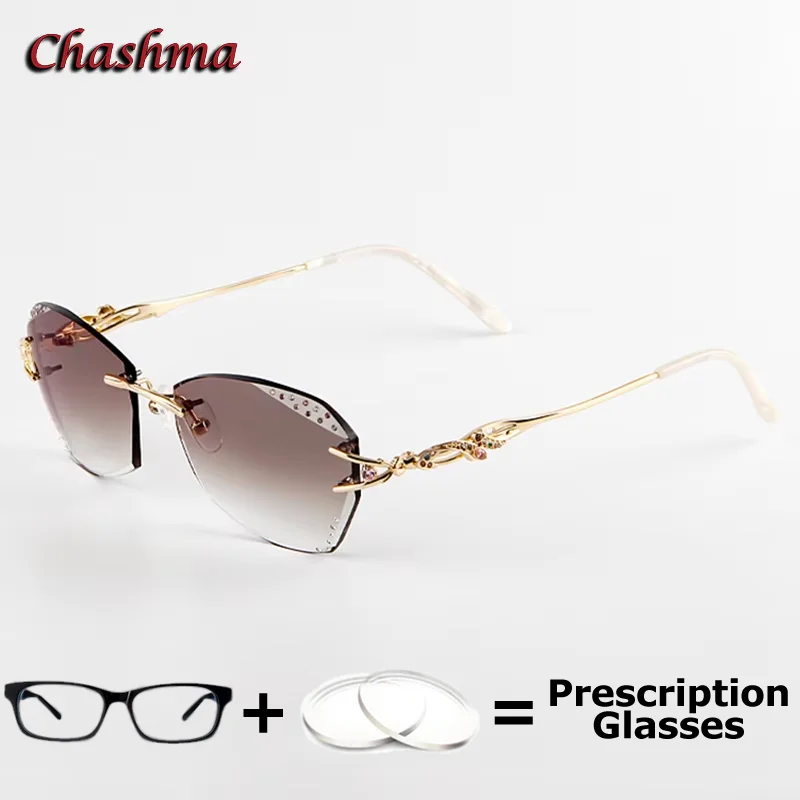 

Women Myopia Eyeglasses Rimless Titanium Tint Sunglasses Prescription Lenses for Reading Stones Gradient Color Multifocal Glass