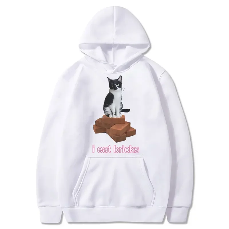 Funny I Eat Bricks Cute Cat Graphic Print Hoodie Men Women's Cute Oversized Sweatshirt Male Casual Fleece Cotton Hoodies