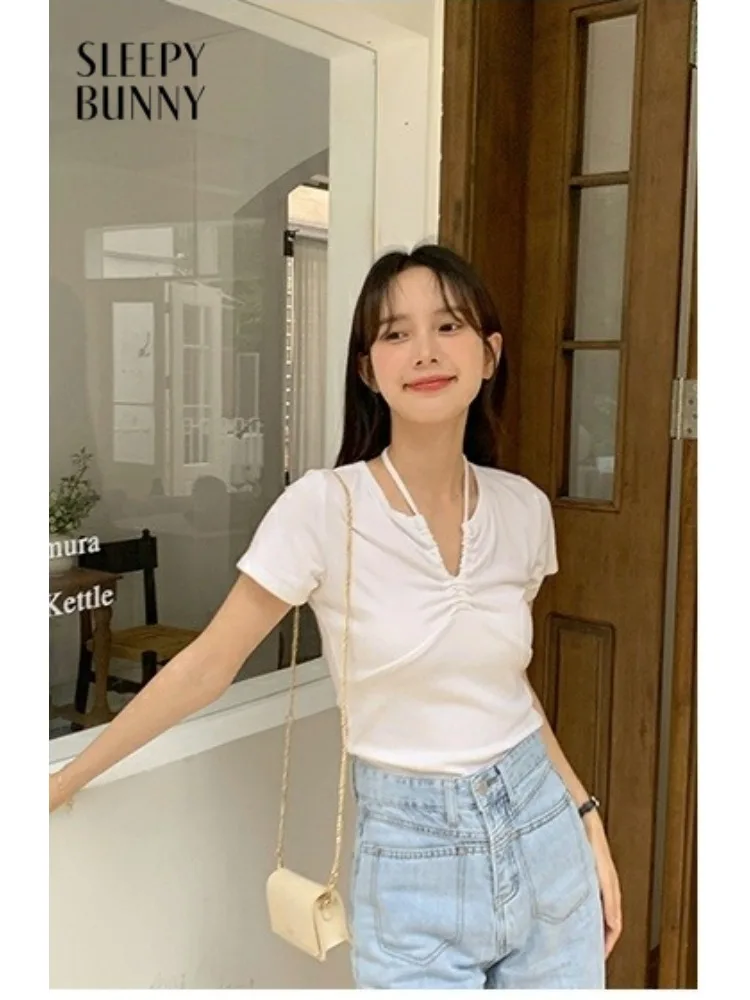 

Halter V-Neck T-Shirt for Women Lady Short-Sleeve Slim Fit Drawstring Crop Top Stylish Casual Solid Tee Summer Chic Fashion Wear