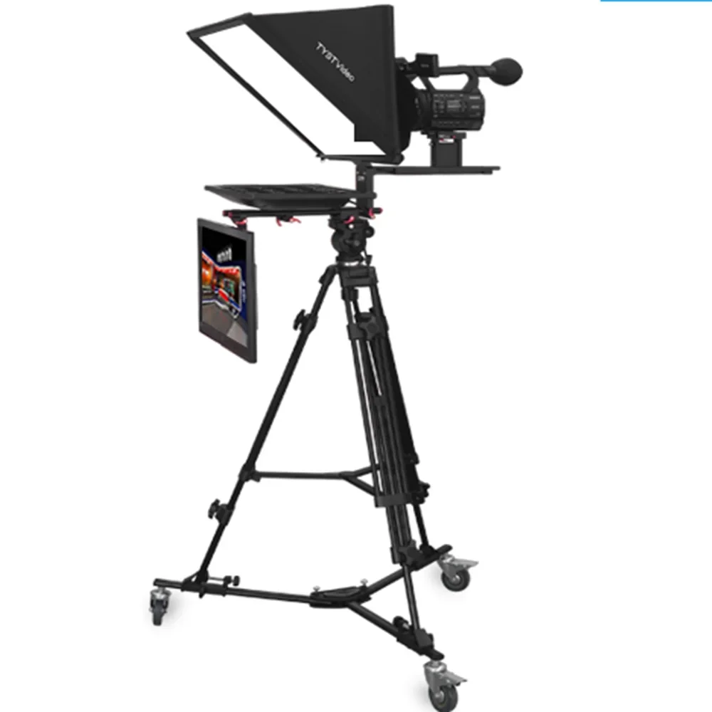 TS-T110/22D studio profesional teleprompter dengan layar periksa sendiri 22 inci dual caster PTZ tripod tempered gla