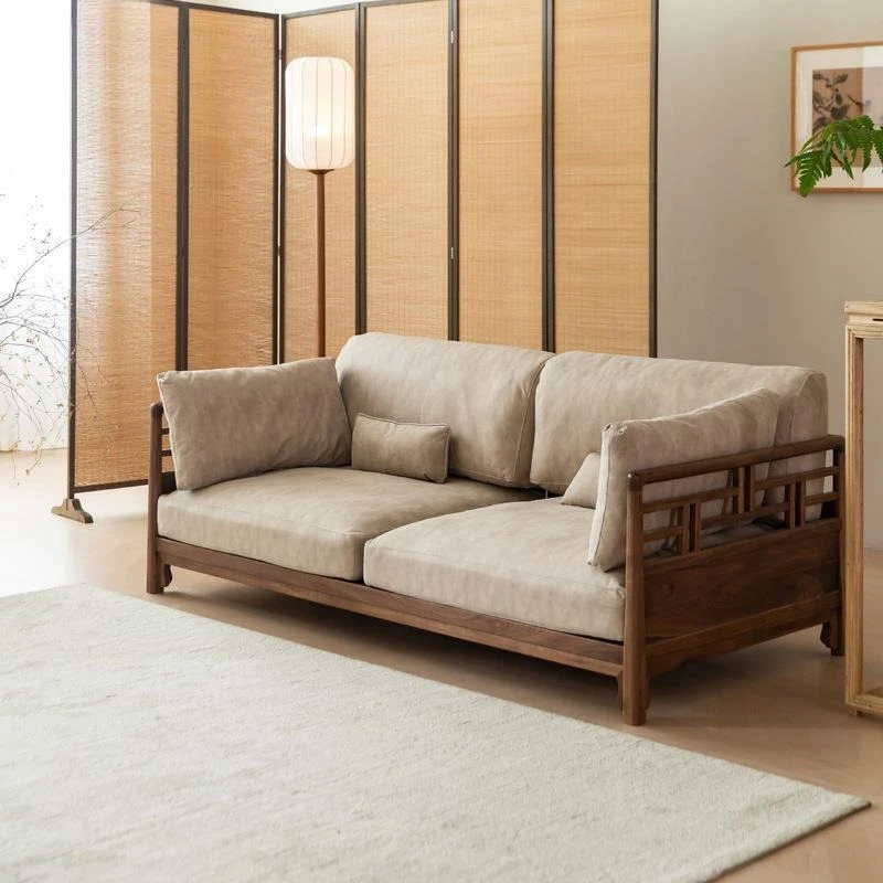 New Chinese log black walnut sofa Nordic modern simple Japanese cherry wood three-person combination