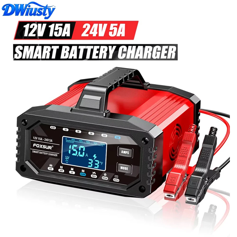 Cargador de Batería Inteligente DWiusty 12V/24V 15A, Mantenedor Automático, Cargador de Reparación por Pulsos para Baterías AGM, GEL, Plomo-Ácido y LiFePO4, Pantalla LCD de 10 Etapas para Auto, Moto