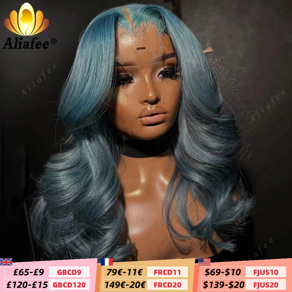 Haze Blue 200% Density Lace Front Wig Human Hair for Women New Color Pre Plucked Blue Body Wave Wigs 13x4 Lace Frontal Wigs