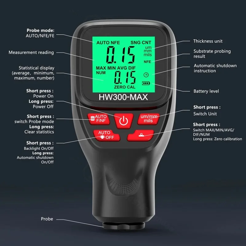 HW300-MAX Car Paint Film Thickness Gauge Meter 0-2000UM Coating Thickness Tester Manual Automotive Paint Tools Digital Backlight