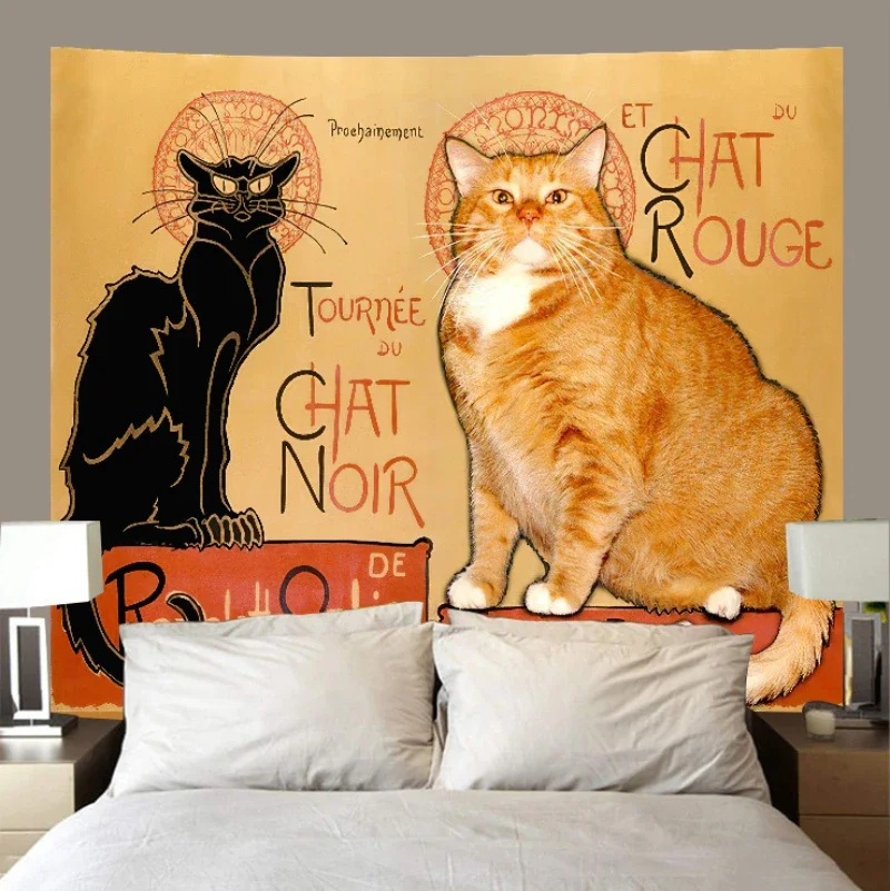 VIKAMA Vintage Black Cat Poster Tapestry Wall Hanging Art Nouveau Retro Orange Cat French Bohemian Aesthetic Wall Art Decor