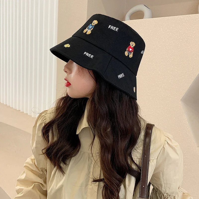 Luxury Summer Embroidery Bear Fisherman Hat Female All-match Korean Version Display Face Small Casual Outdoor Sun Block Hat Tide