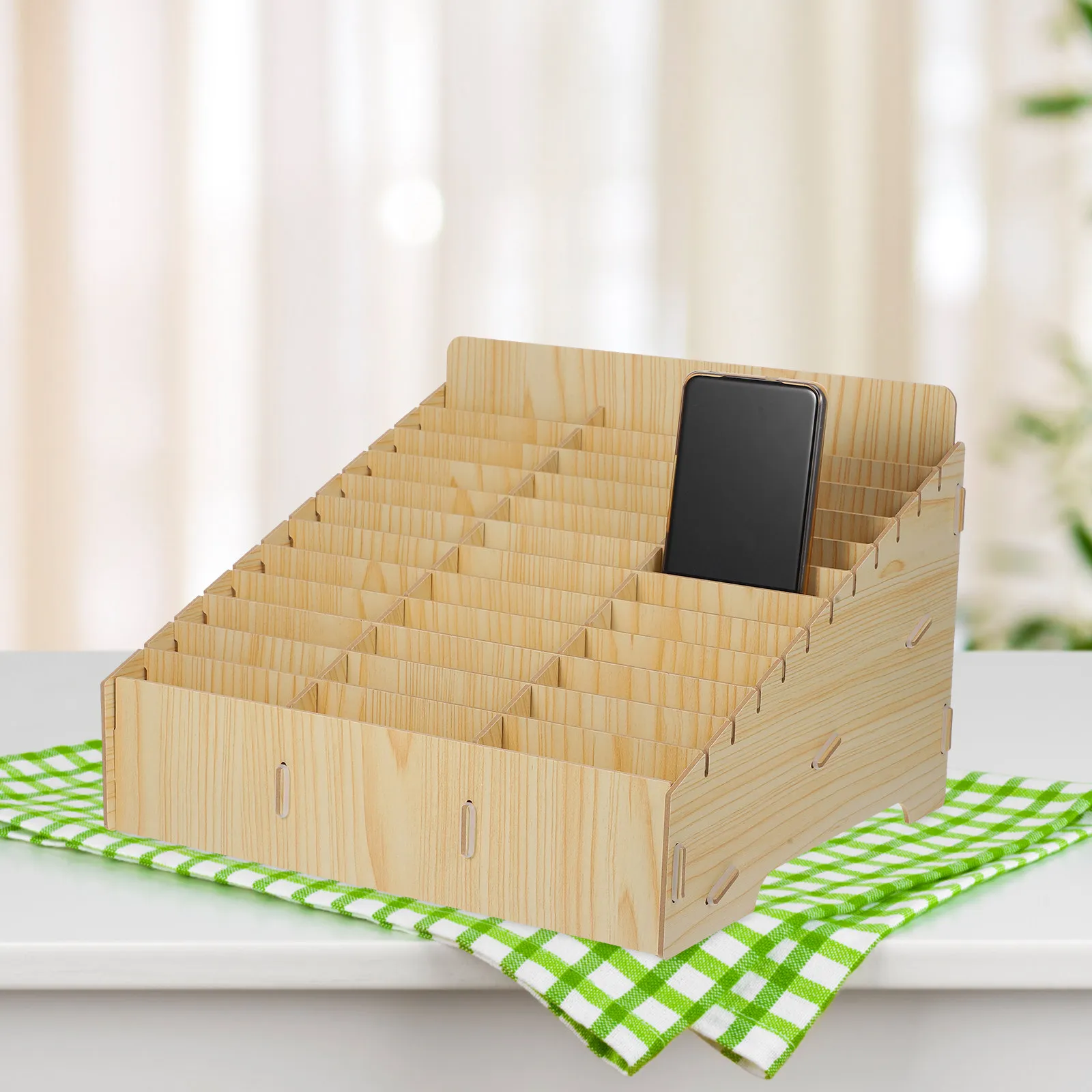 Multi-Grid Phone Storage Case Wooden Mobile Phone Organizer Temporary Desktop Cellphone Holder Office School Meeting Room