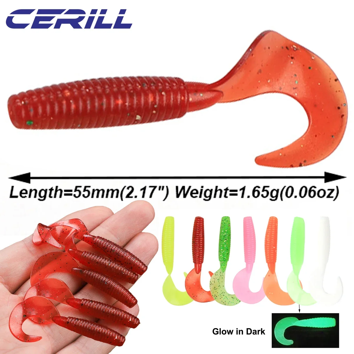 Cerill 10pcs/bag 55mm Flexible Soft Fishing Lure Volume Tail Grub Silicone Bait Jigging Swimbait Artificial Worm Carp Bass