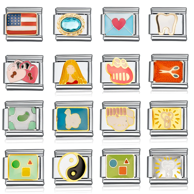 

New Fashion Flag Ring Teeth Lock Love Girl Scissors Goose Lamptoys Italian Links Bracelet Stainless Steel Jewelry Diy Making
