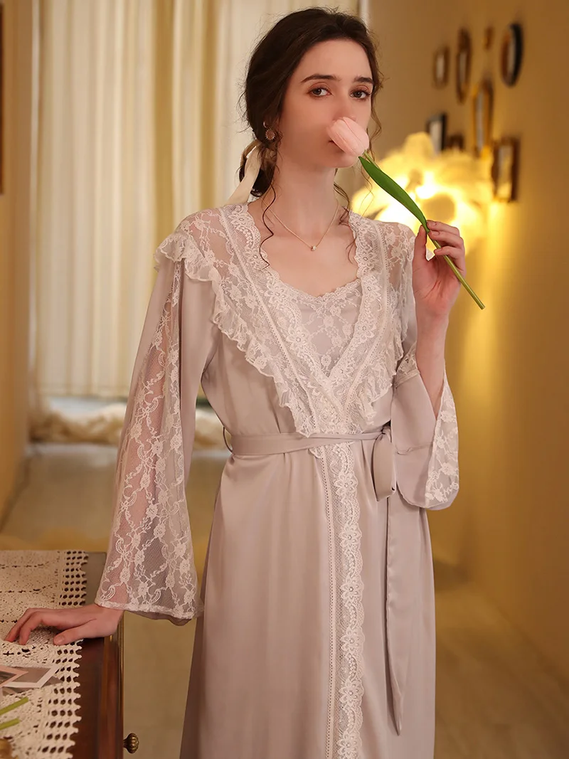 Spaghetti Strap Nightgown Dress Robe Female Sexy Two-piece Set Silk Lace Pajamas Female Spring Summer Victorian Home Clothes