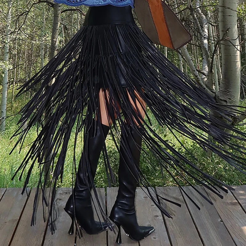 Unique Solid High Waist A-Line Office Skirt Autumn Fashion Irregular Leather Skirt Lady Elegant Tassel Splice Hang Feeling Skirt