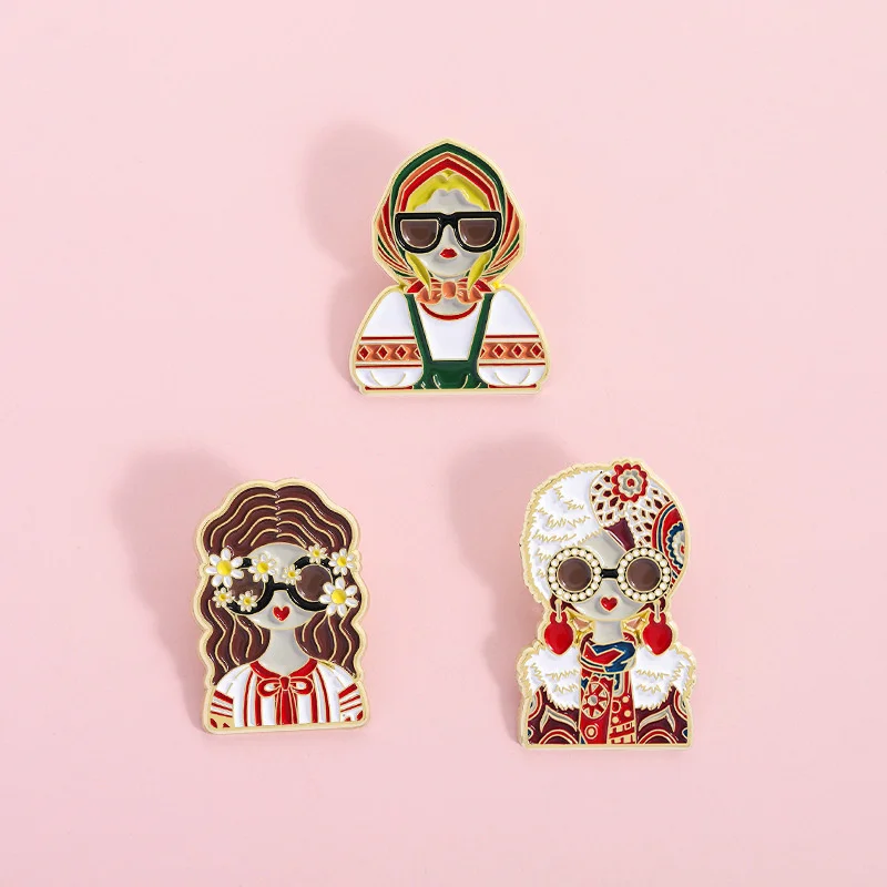 Cartoon Russian Girls Character Costume Images Enamel Pins Custom Ethnic Style Figure Souvenir Brooches Lapel Badge Jewelry Gift