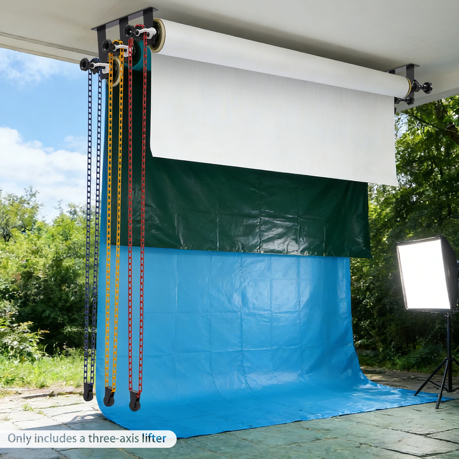 Sollevatore manuale per fondali fotografici, tubo da 1,89 pollici, 3 ganci, sollevamento a catena, montaggio a parete/soffitto, in ferro e plastica, per studio fotografico, studio domestico, fondali