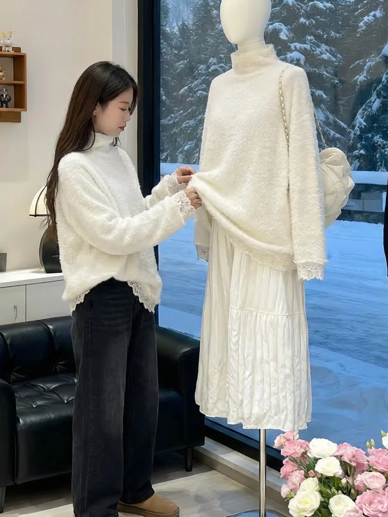 

Loose Lace High Collar Mid-Length Women's Base irt Spring Faion plus Size Conceals Bot Sli Top for plus Size Women