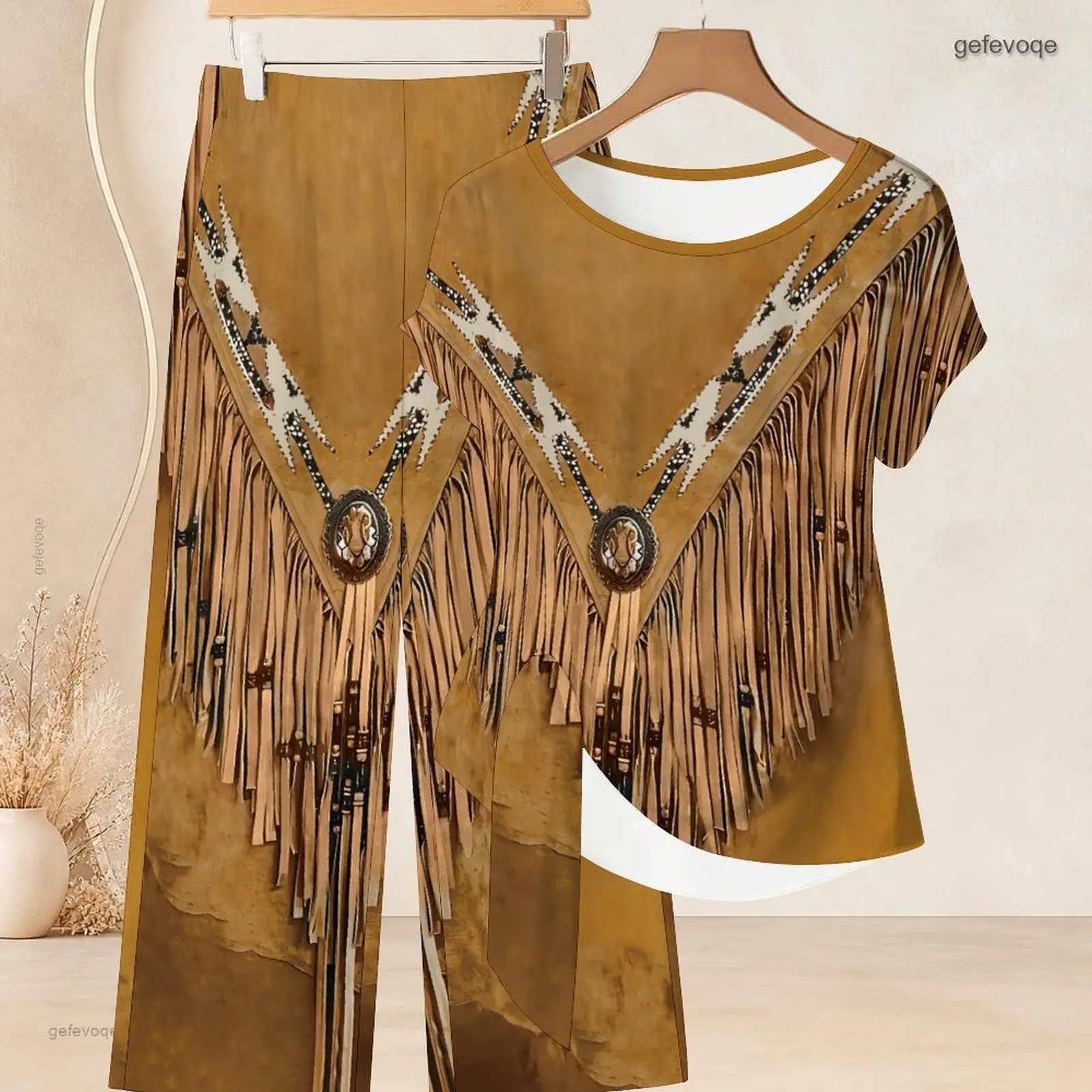 Women Golden Brown Printed Western Fringe Geometric Round Neck Short Sleeve Top Long Pants Two Piece Set