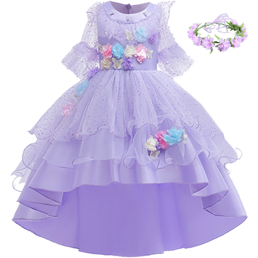 Encanto Floral Girls Princess Dresses with Garland Carnival Isabella Cosplay Halloween Christmas Costumes Party Dresses for Kids