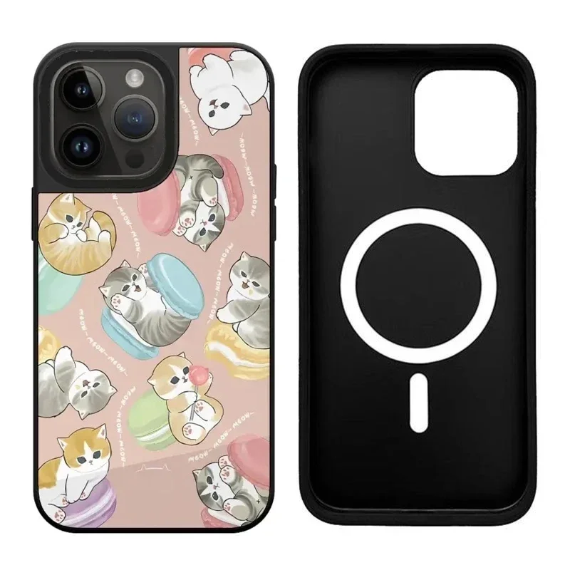 

Cute Dessert Cat Mirror Black Border Magnetic Phone Case Cover for IPhone 11 12 13 14 15 16 Pro Max Case