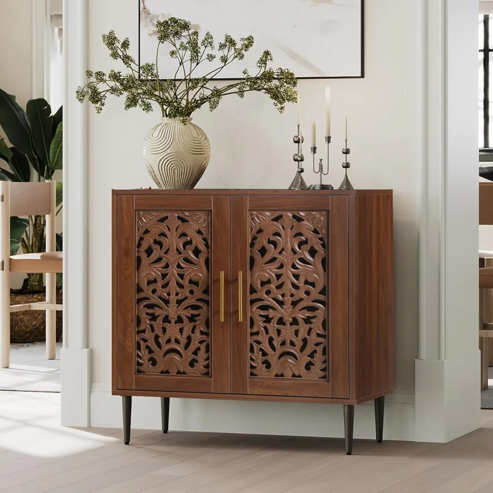 Accent Cabinet with 2 Doors, Vintage Hollow Carving Buffet Cabinet, Sideboards and Buffets with Storage Credenza for Living Room