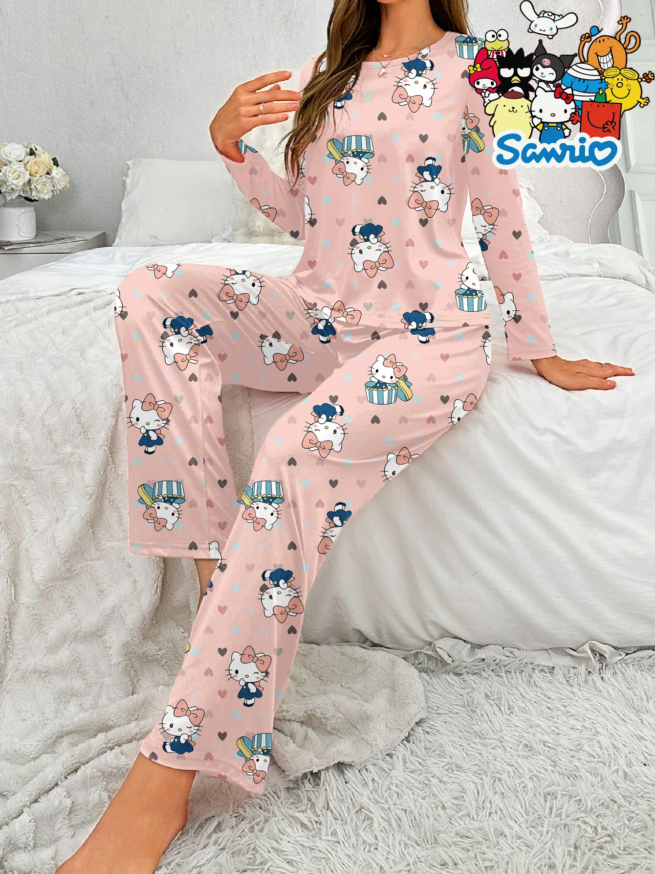 مجموعة ملابس منزلية من Sanrio HelloKitty بأكمام طويلة ورقبة دائرية كارتونية لطيفة كاجوال