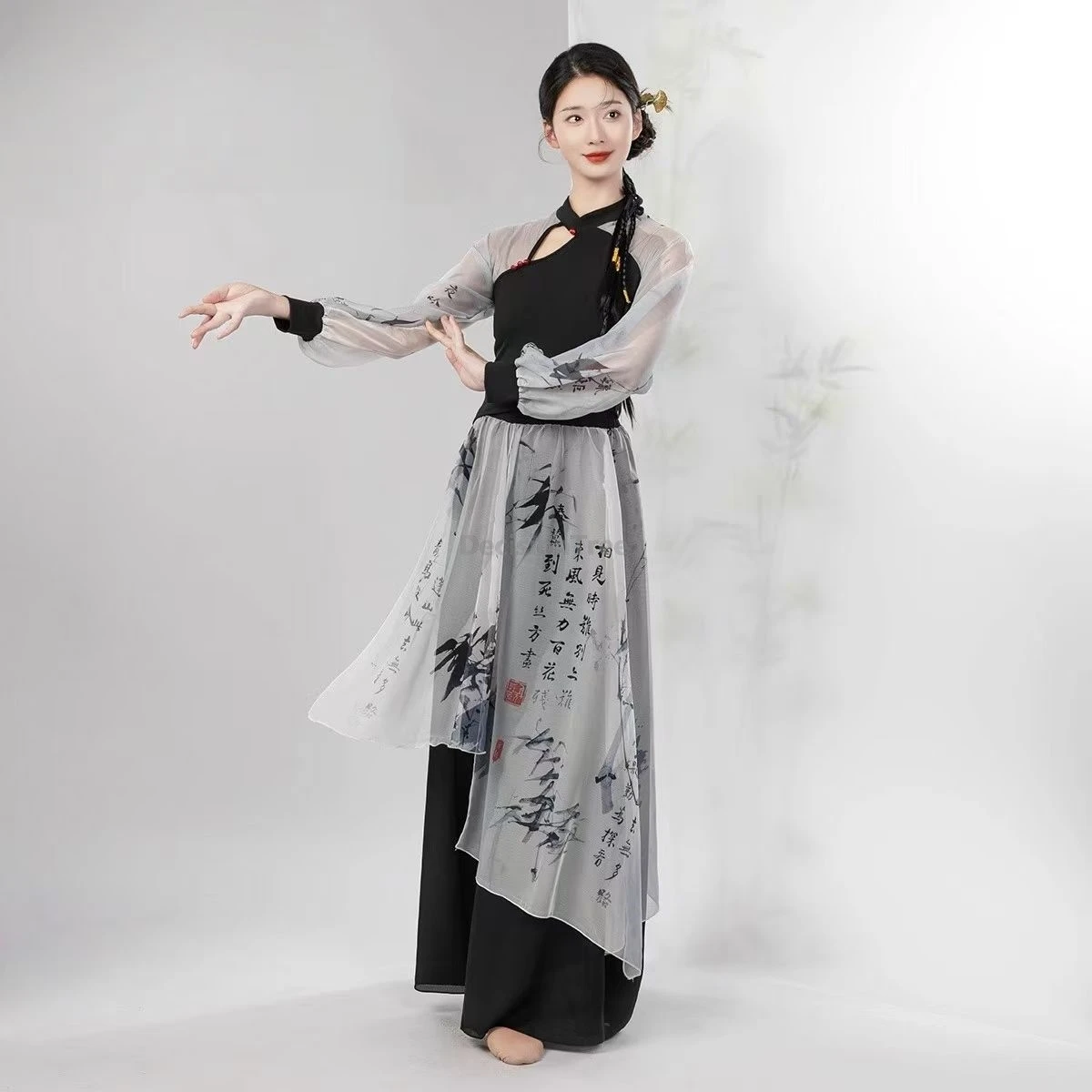 

2025 new classical dancing qipao outfit cheongsam collar slim fitting elegant gauze dress chinese style jazz dance costume set