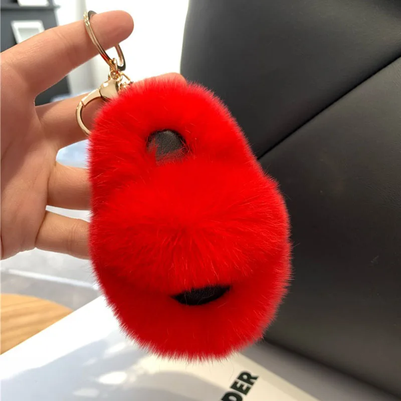 Creative Hot-Selling Rex Rabbit Fur Ball Small Slippers Pendant Key Ring Girl Bag Pendant Car Key Chain Good Birthday Gift