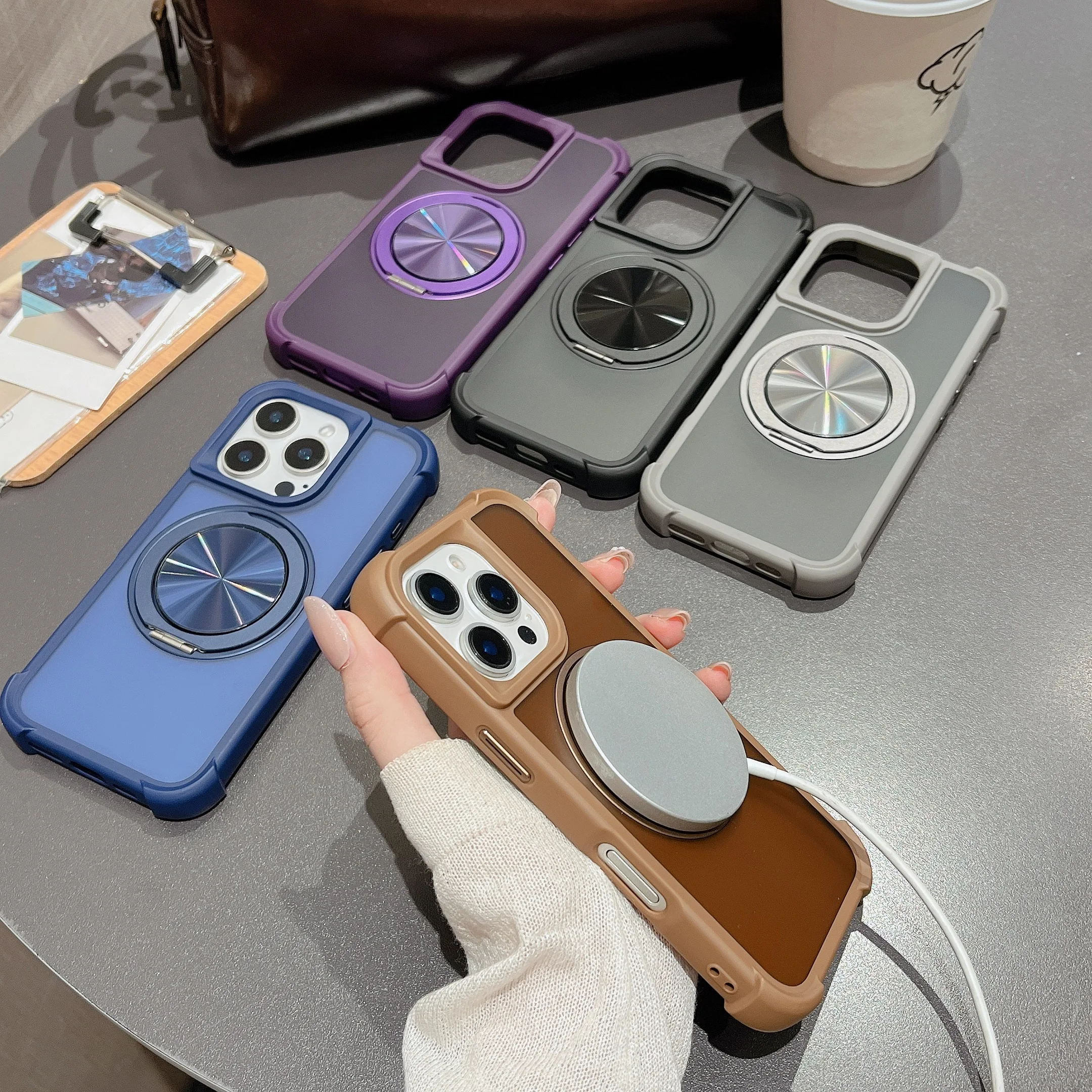 

Metal Rotate Kickstand Magnetic Shockproof Armor Phone Case For iphone 11/12/13/14/15/16 Pro Max Funda Mobile Holder Cover