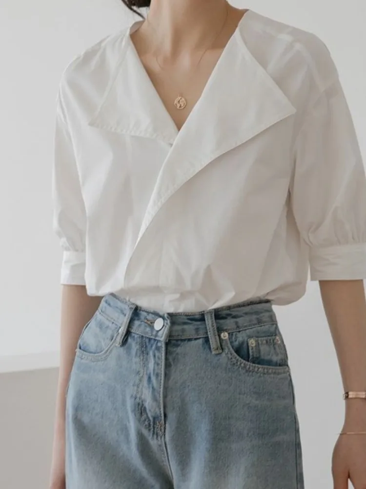 Loose Western Style Chiffon Office Lady Temperament Chic Point White Shirt Korean Fashion Women Blouses 2024 Summer