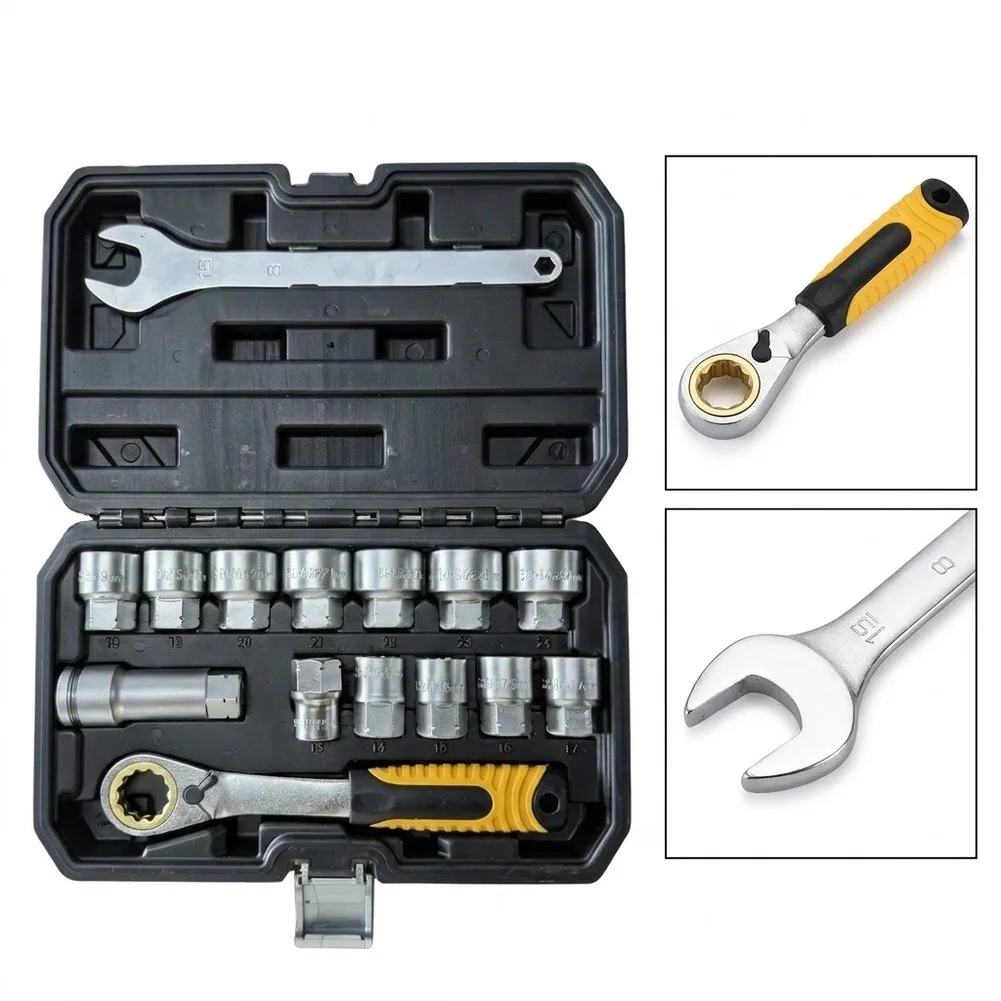 Mechanic Socket Wrench Set 15 Pieces Featuring Alloy Steel Sockets Ratchet Handle and Molded Plastic Storage Case