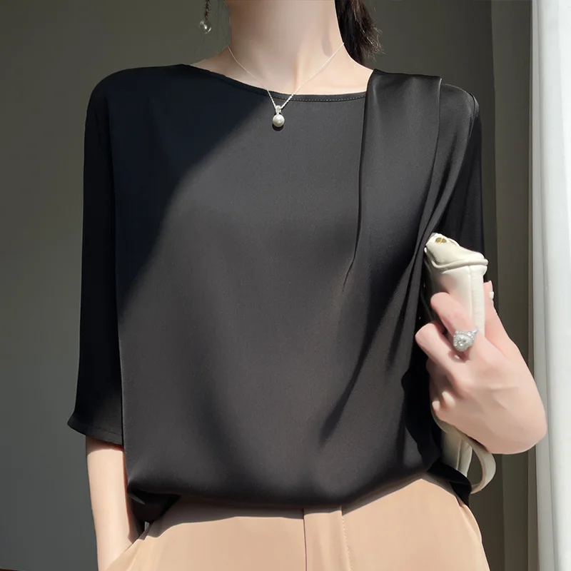 2024 Summer New Ice Silk Short-sleeved T-shirt Women\'s Thin Ice Silk Top Solid Color Satin Loose Short-sleeved Shirt