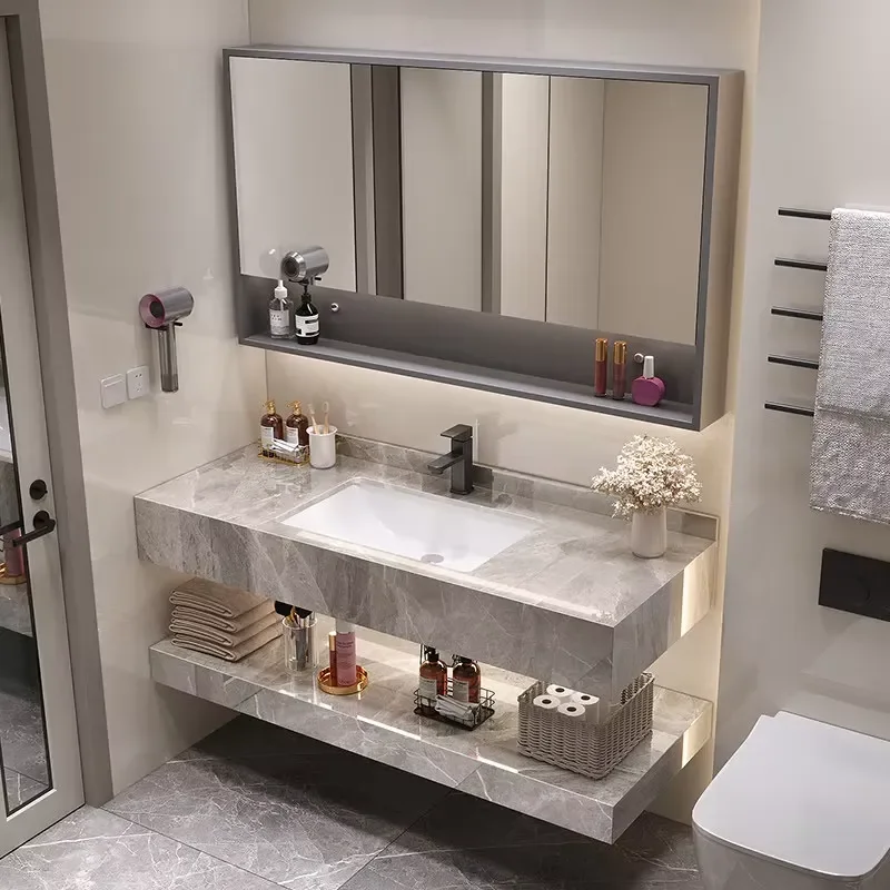 Split type design glossy double layer bathroom cabinet with wash basin combination wall mounted smart dressing table with
