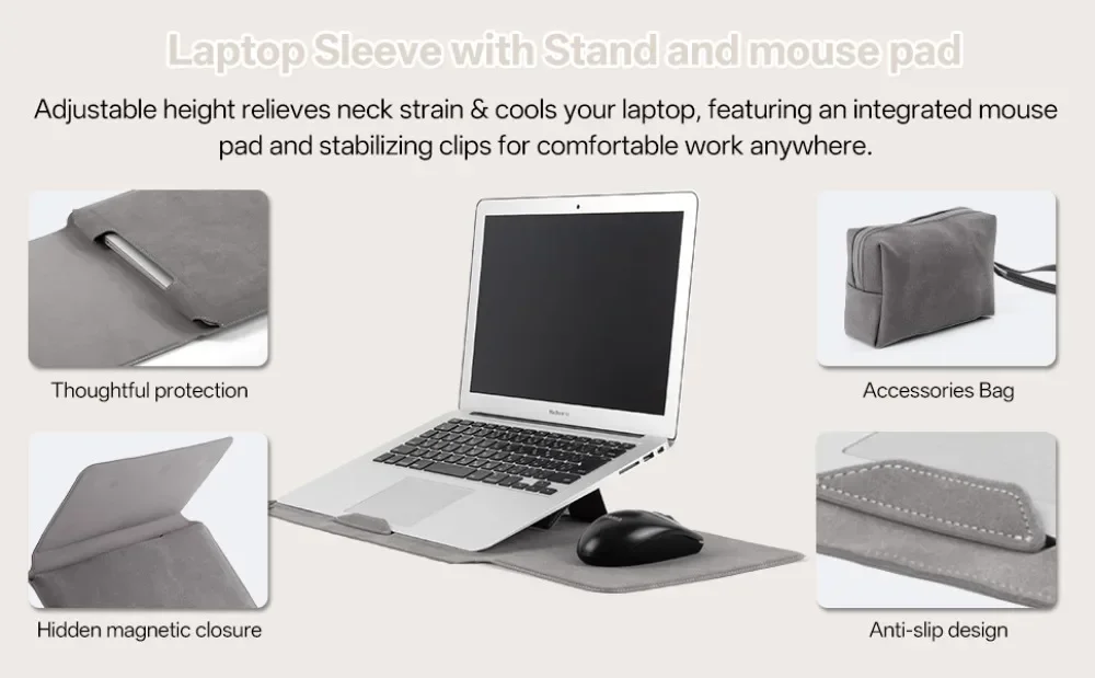 Text reads 'Adjustable height relieves neck strain & cools your laptop' and 'Hidden magnetic closure'. Product showcase of laptop stand features and accessories.