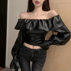 2024 Autumn/Winter New Design Sense One Shoulder Black Long Sleeve PU Leather Top for Women Shoulders, Spicy Girl