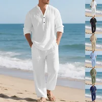 Traje de lino de otoño para hombre, camisa Henley de manga larga en V, holgada, informal, transpirable, estilo playero, con pantalones de pierna recta, 2 conjuntos